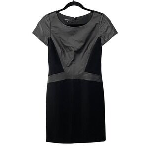 LAFAYETTE‎ 148 NEW YORK Black Leather Panel Sheath Dress Size 2 Short Sleeve
